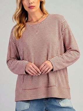 Easel Red and White Striped Long Sleeve Top - Size Large